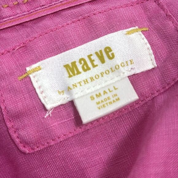 Maeve Anthropologie Linen Pink Ruched Sleeve Button Down Shirt S - Picture 6 of 8